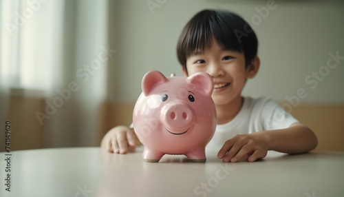 Happy Asian kid with a piggy bank. Savings. 