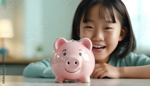Happy Asian kid with a piggy bank. Savings. 