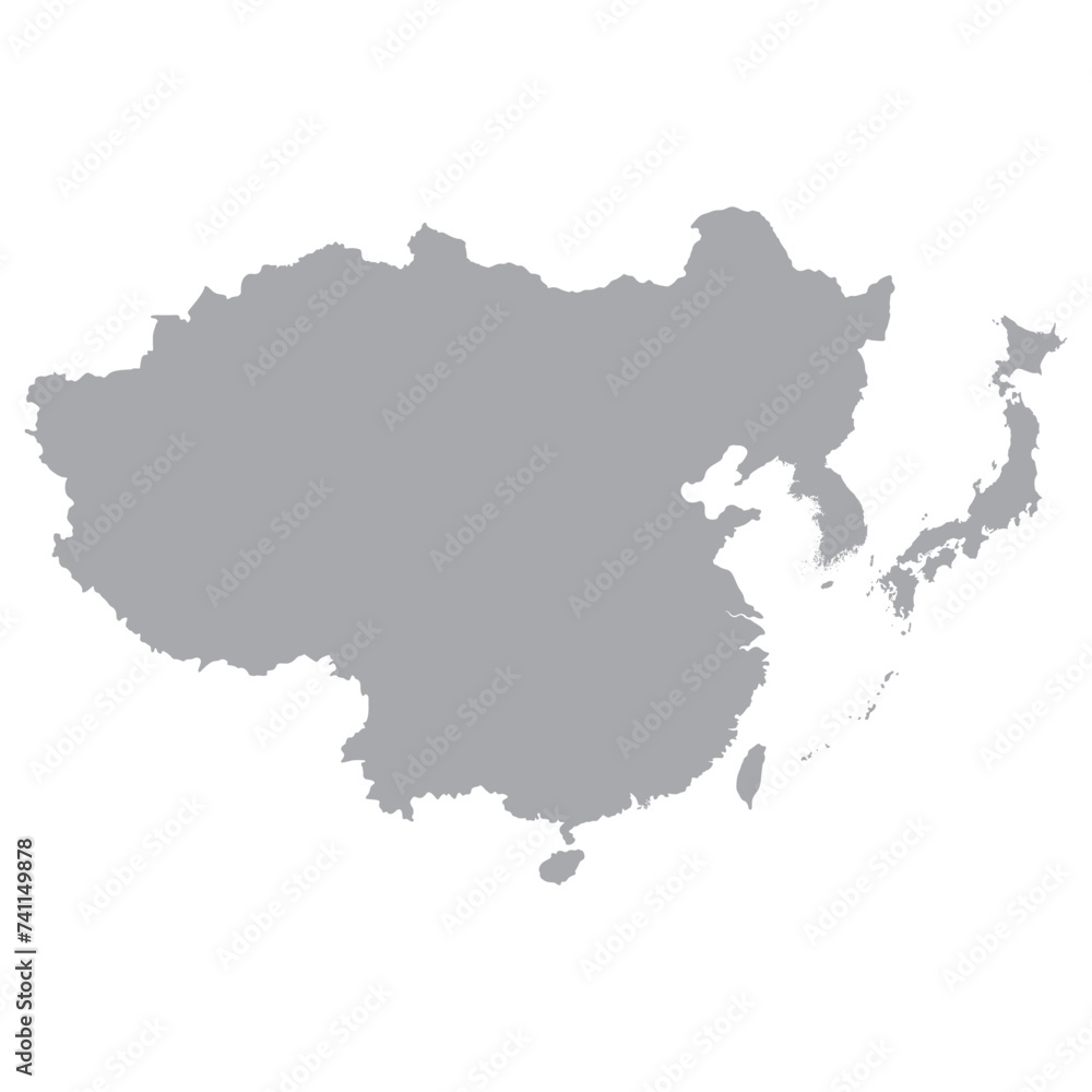 East Asia country Map. Map of East Asia in grey color.