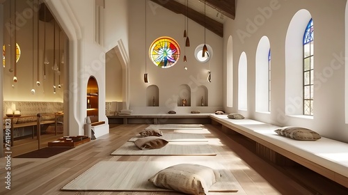 Monastery inspired office with peaceful meditation rooms and stained glass windows, modern office interior design