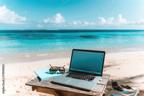 A laptop open on a beach, symbolizing remote work © Veniamin Kraskov