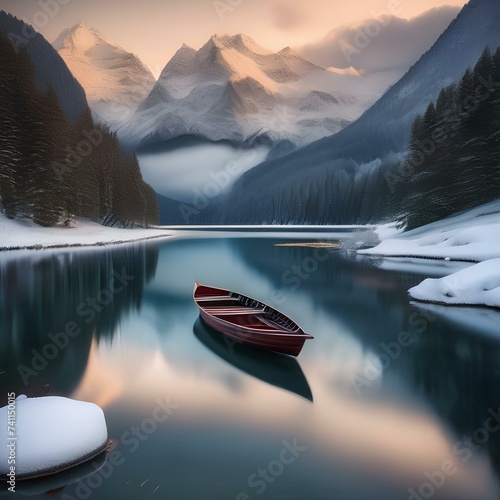 A tranquil lake surrounded by snow-capped mountains, with a lone boat floating on the water2 photo