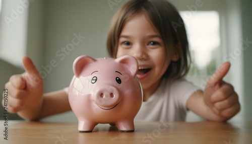 Happy kid with a piggy bank. Savings.