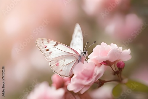 A close-up macro of a delicately pink, romantic, natural floral backdrop featuring a white butterfly on a blossom in mild sunshine, enhanced by gorgeous pastel hues and bokeh.