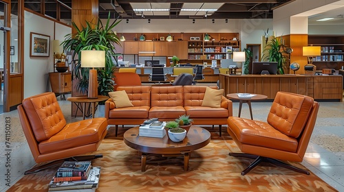 Retro, chic office environment with vintage inspired furnishings and nostalgic accents, large, scale workplace design photo