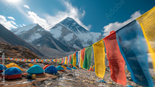 High Altitude Serenity: Capturing the Vibrancy of Prayer Flags at Mount Everest's Base Camp