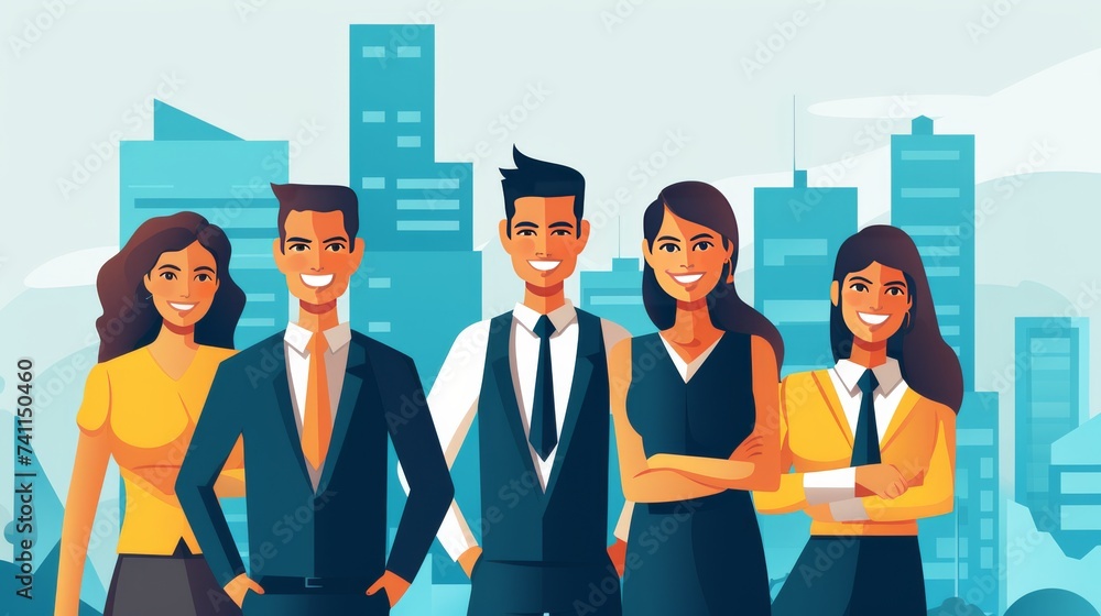 Obraz premium Illustrated of businesspeople in a modern office exude confidence, creating an atmosphere of strength in their workspace. Generative AI.