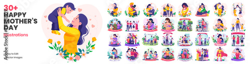 Mega Collection of Mother’s Day Illustrations. Mother With Her Daughter and Son. Mother Hugging Her Child. Set of Mother’s Day Illustration