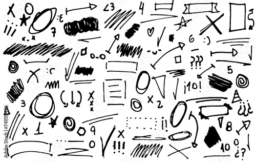 Set of grungy doodles and scribbles for daily planner, hand drawn notebook sheets and arrows. Pencil goodnotes digital stickers, hand drawn textured underlines and strikethrough, cartoon emphasis