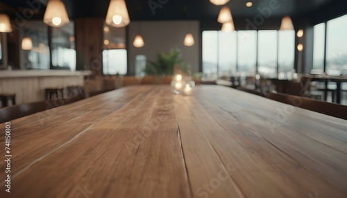 Lofty chill restaurant with wooden table and Depth of field , blurred background	 photo