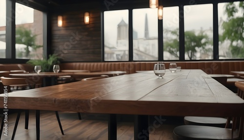 Lofty chill restaurant with wooden table and Depth of field   blurred background 