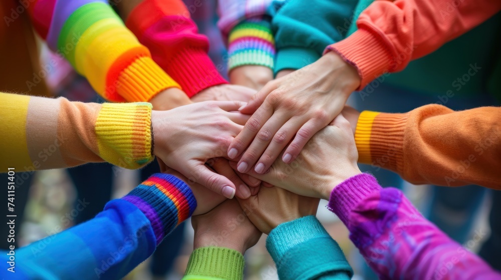 Group of people's hands stacked together in circle on top of each other. Generative AI. Group of people's hands stacked together in circle on top of each other. Generative AI.