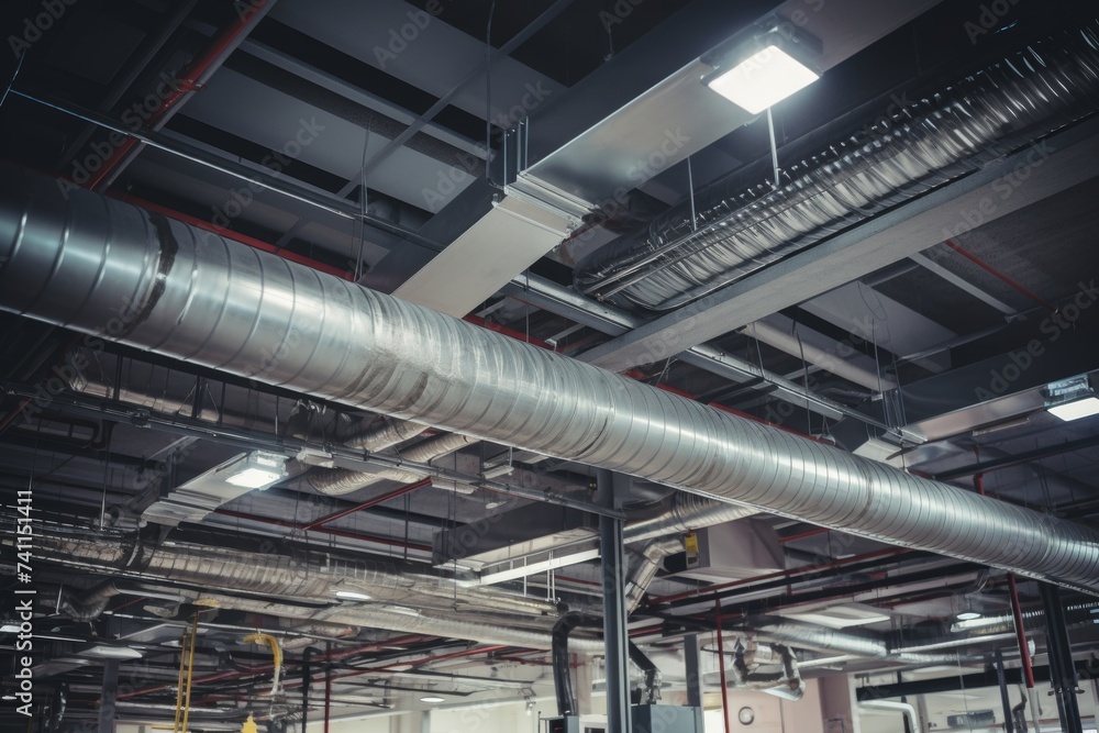 A detailed view of an extensive air vent system running through an industrial factory's ceiling