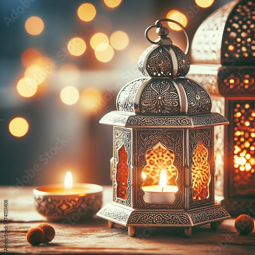 Decorative Arabic lanterns with burning candles Ramadan kareem ornament celebration background Ai generative.
