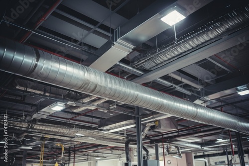 A detailed view of an extensive air vent system running through an industrial factory's ceiling photo