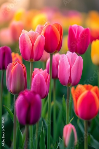 Vibrant Tulips in Soft Evening Light Vertical
A vertical composition highlighting a vibrant assortment of pink and red tulips bathed in the soft, diffused light of the evening.
