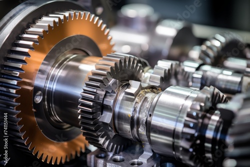 Intricate Close-Up of a Drive Gear amidst the Hustle and Bustle of an Industrial Manufacturing Unit