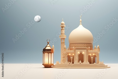 Eid mubarak with a crescent moon mosque and lantern on a light background, 3d render, copy space - generative ai