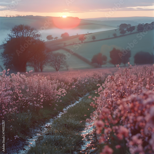 Misty Sunrise Among Pink Flower Field photo