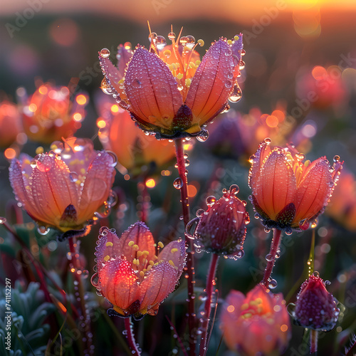 Vibrant Red Tulips with Dew Drops at Sunset in Springtime