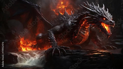dragons fire fight arose in lava, Fiery Dragons Engage in Epic Battle Amidst Molten Lava Chaos photo