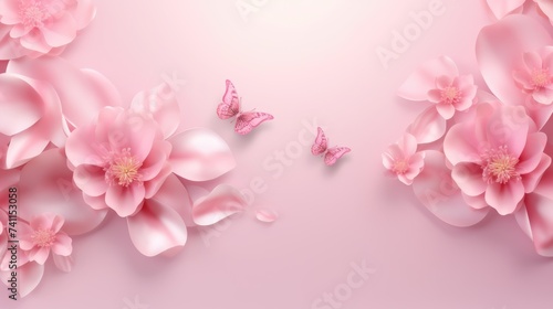 Butterfly And Flower Pink Cherry Blossoms in Spring Background. World Breast Cancer awareness month concepts. Generative Ai. © Somkid