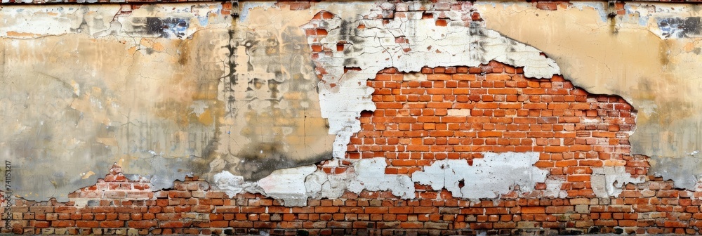 Obraz premium Weathered Red Brick Wall With Peeling Paint background texture. Generative AI