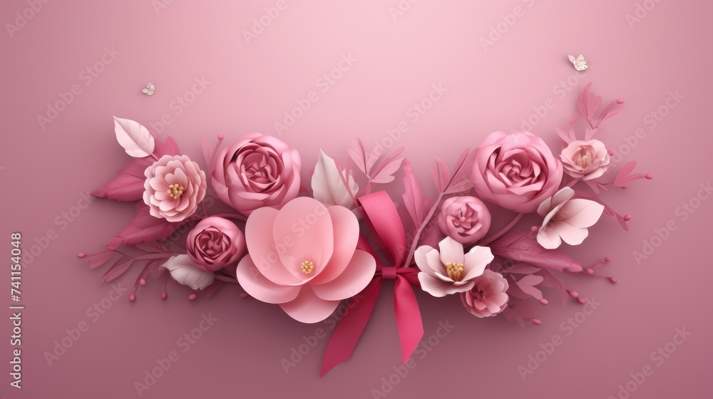 Flower and Ribbon Pink Cherry Blossoms in Spring Background. World Breast Cancer awareness month concepts. Generative Ai