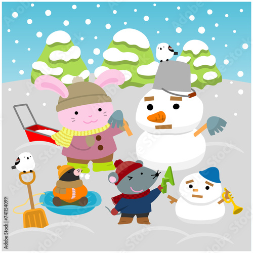 動物たちの雪遊び