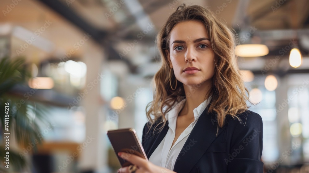 Modern businesswoman, sharp in power suit, checks her phone in a sleek office. Sunlight streams through, casting a dynamic glow on her focused gaze Modern businesswoman, sharp in power suit, checks her phone in a sleek office. Sunlight streams through, casting a dynamic glow on her focused gaze