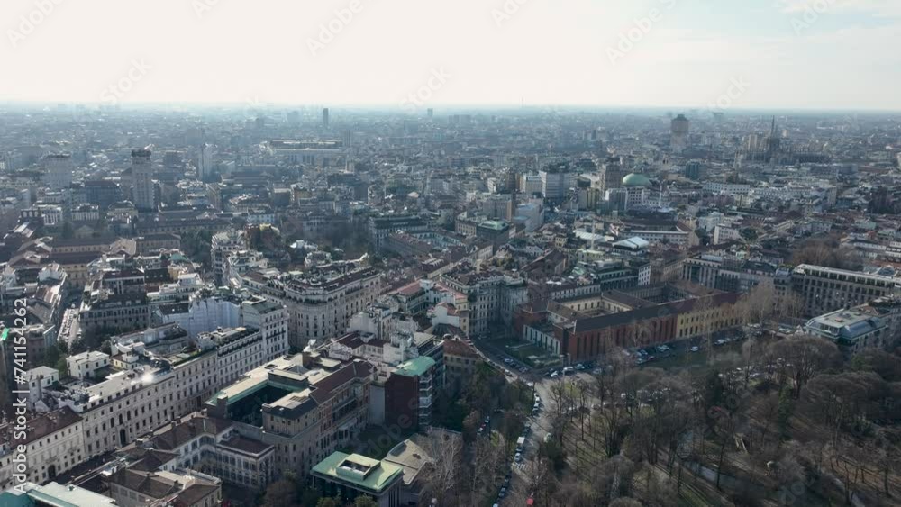 Flying over the rooftops of the European city in winter Flying over the rooftops of the European city in winter