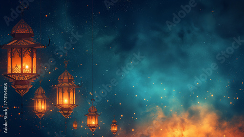 background of hanging islamic lantern at night. Free space for text. Orange and dark blue color