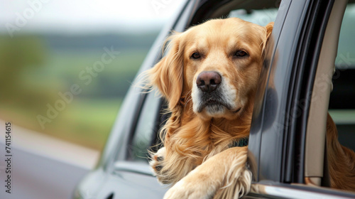 Golden Retriever Looking Out Of Car Window. Generative Ai © We3 Animal