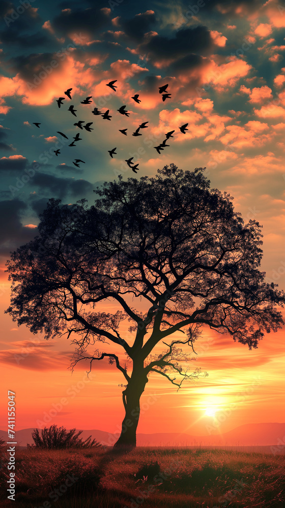 Beautiful sunset with this beautiful silhouette of this beautiful tree. AI Generative