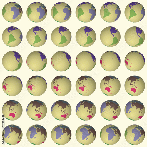 Collection of globes. Tilted sphere view. Rotation step 10 degrees. Colored continents style. World map with sparse graticule lines on lightness background. Excellent vector illustration.