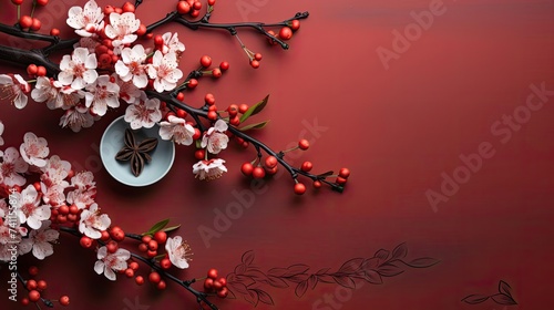 top view of chinese new year background with flower oranament and red background photo