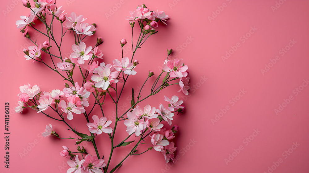 Charming Pink Blossoms on Vibrant Pink Background, Floral Flat Lay, Creative Concept for Spring and Celebration Themes Charming Pink Blossoms on Vibrant Pink Background, Floral Flat Lay, Creative Concept for Spring and Celebration Themes