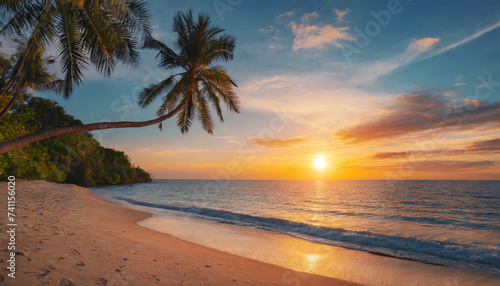 Tropical summer sand beach and palm on sea sky background, copy space. Summer vacation  © Bounpaseuth