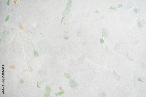 Handmade paper with pressed leaves and flower petals. Textured paper with natural fiber layers.                photo