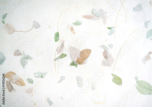 Handmade paper with pressed leaves and flower petals. Textured paper with natural fiber layers.                photo