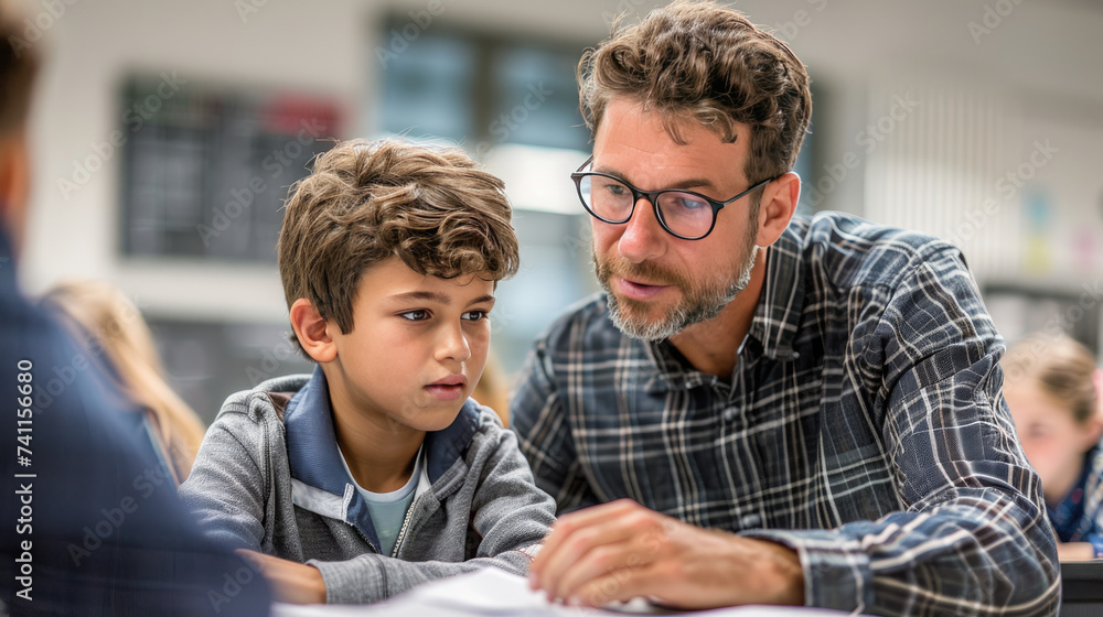 Male teacher helping a young boy in class with a problem he has
Male teacher helping a young boy in class with a problem he has