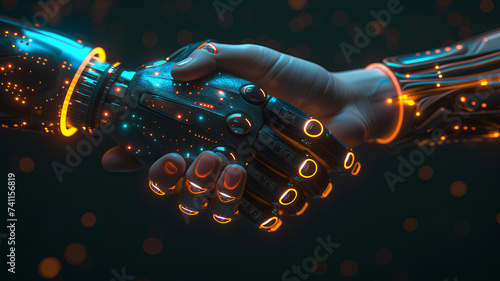 Human and Robot Handshake Representing AI Collaboration. A graphic representation of a handshake between a human hand and a robotic hand, symbolizing the harmonious partnership between humans and arti photo