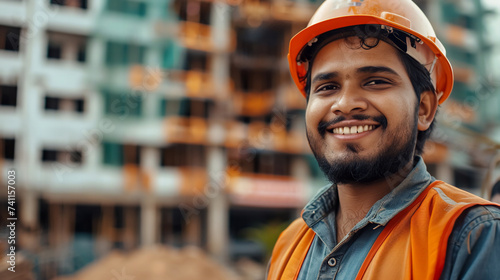 Construction worker wearing a hardhat at work site portrait with smiling and enjoy in job career.