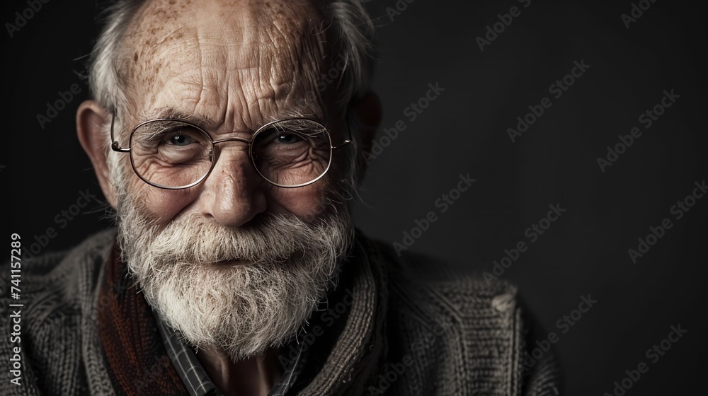 Smiling Professor senior old man with glasses wearing a casual outfit in studio portrait black background. Smiling Professor senior old man with glasses wearing a casual outfit in studio portrait black background.