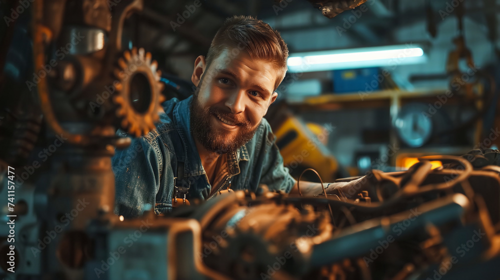 A Mechanic man portrait smiling at the garage.
