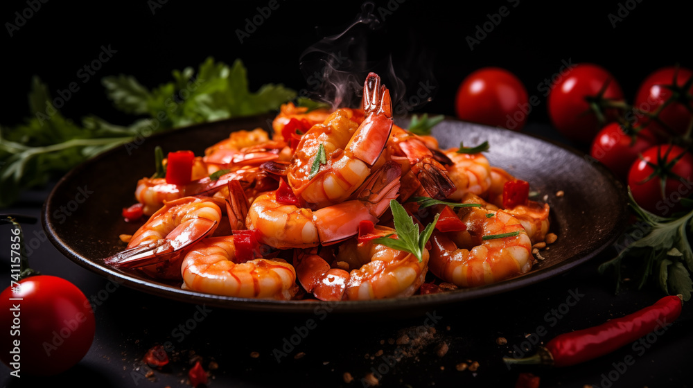 Fried shrimps with tomatoes and herbs on a plate --ar 16:9 Job ID: 09a9b16c-6fda-4d81-91d0-254a1d884e6a Fried shrimps with tomatoes and herbs on a plate --ar 16:9 Job ID: 09a9b16c-6fda-4d81-91d0-254a1d884e6a