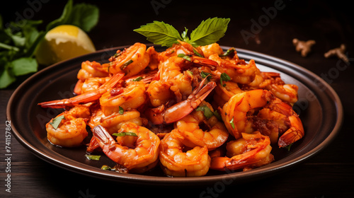 Fried shrimps with herbs on a plate. Delicious food