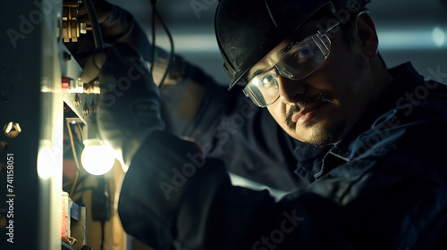 A electrician technician male worker with hard hat in repairing activity. © Alice a.