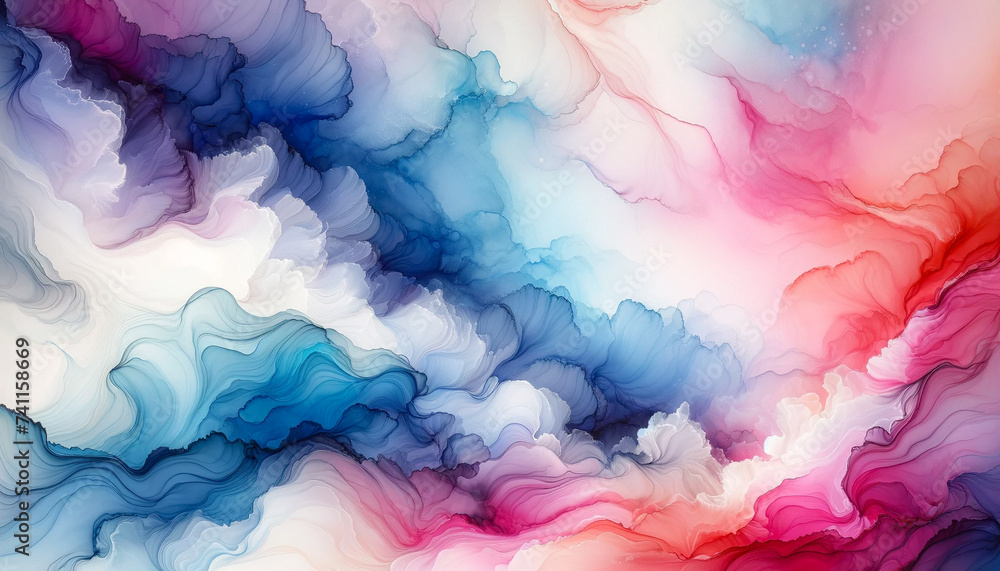 Abstract fluid flowing art by alcohol ink soft tone gradient pink and blue with white copy space text. For banner, background.