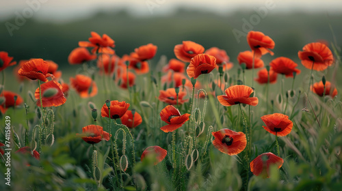 Serene close-up of vibrant red poppies interspersed with delicate grasses, set against a soft green background, conveying a sense of tranquillity in nature